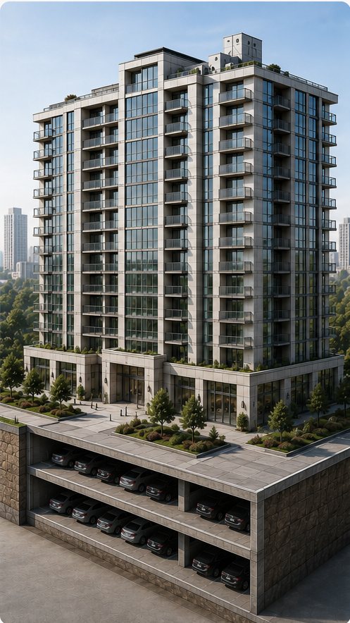 An illustration of a condominium tower with its parking levels shown in cutaway below it.